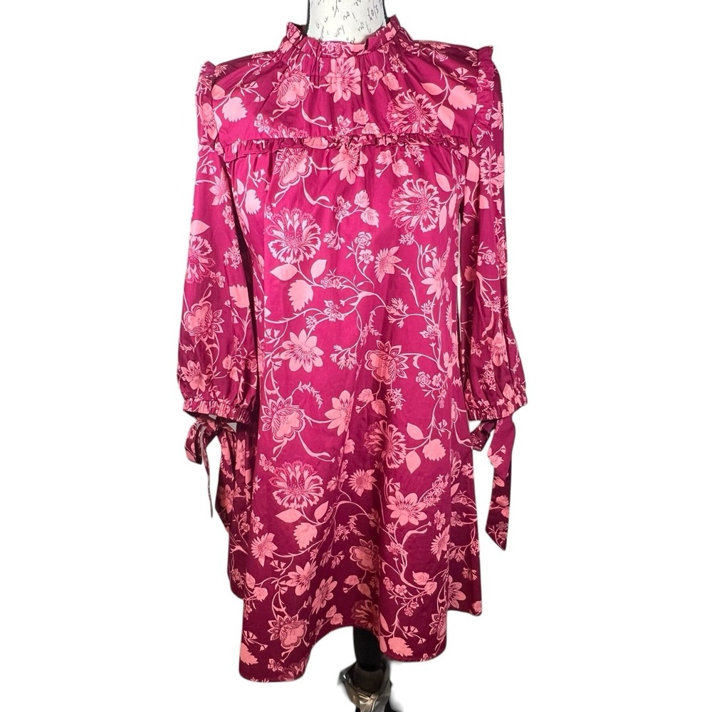 Sugarlips Floral Mini Shift Dress Ruffle Neck Small Wine Cotton Boho Romantic